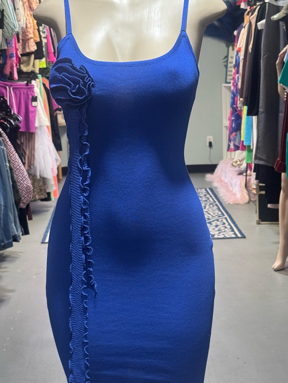 Blue Ruffle-Trim Bodycon Dress